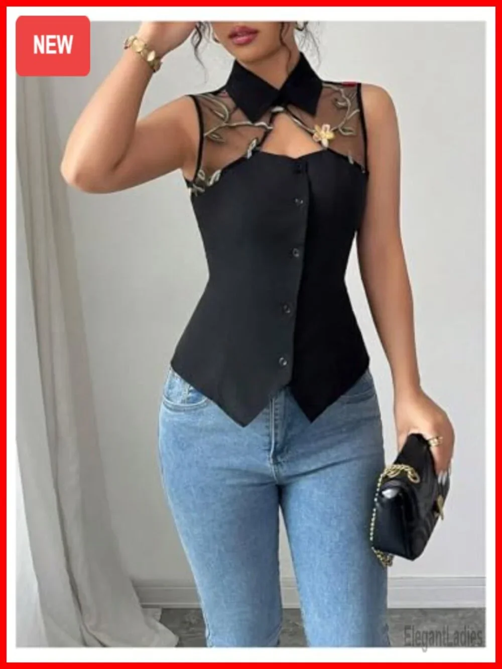 Floral Embroidery Sheer Mesh Button Up Vest Top Blouse